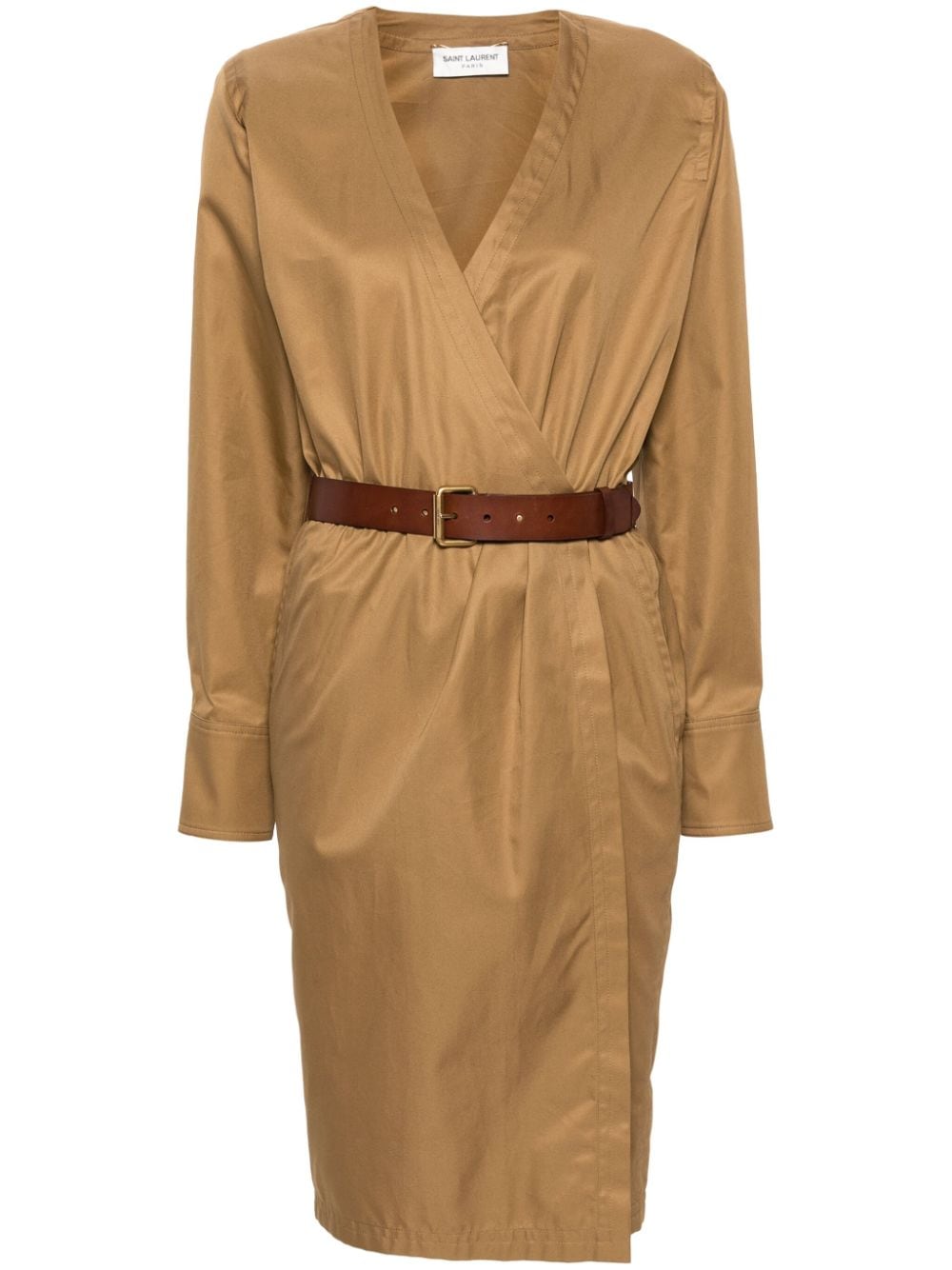 Saint Laurent Cotton Twill Midi Dress with Detachable Belt Camel