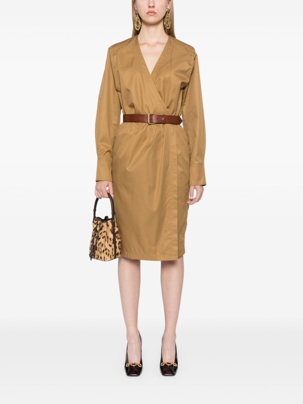 Saint Laurent Cotton Twill Midi Dress with Detachable Belt Camel