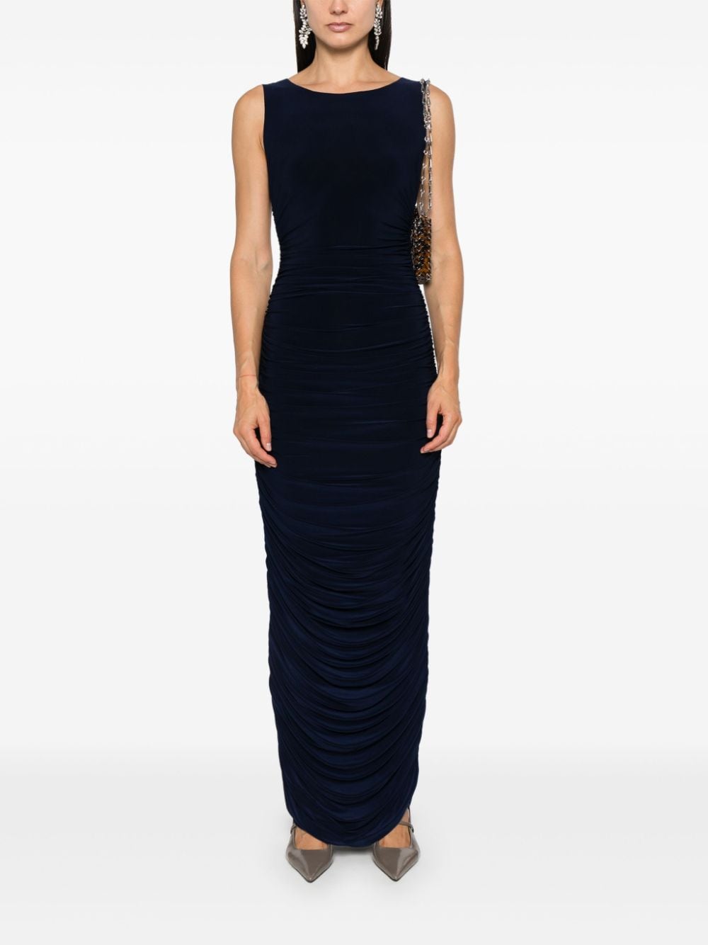 Norma Kamali Long Navy Blue Ruched Stretch-Jersey Bodycon Dress Blue