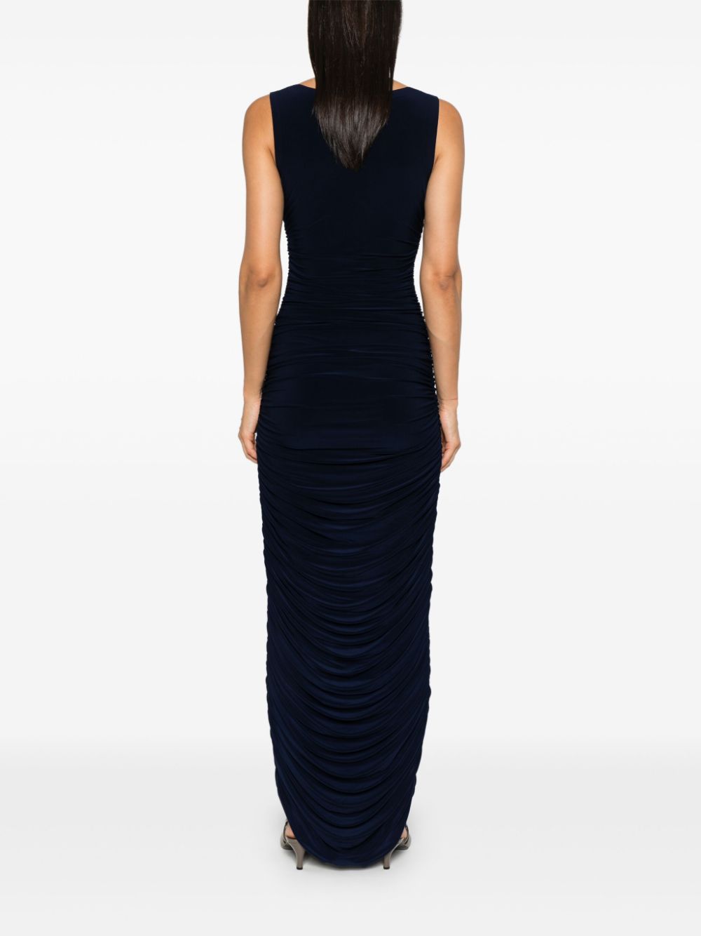 Norma Kamali Long Navy Blue Ruched Stretch-Jersey Bodycon Dress Blue