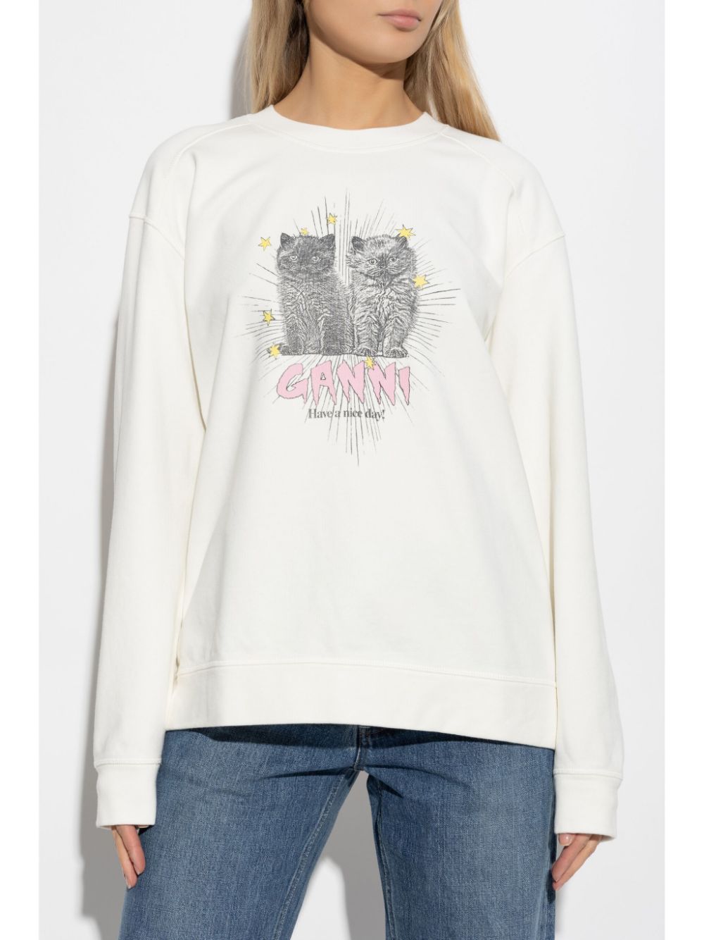 Ganni Kittens Printed Organic Cotton Sweatshirt Beige