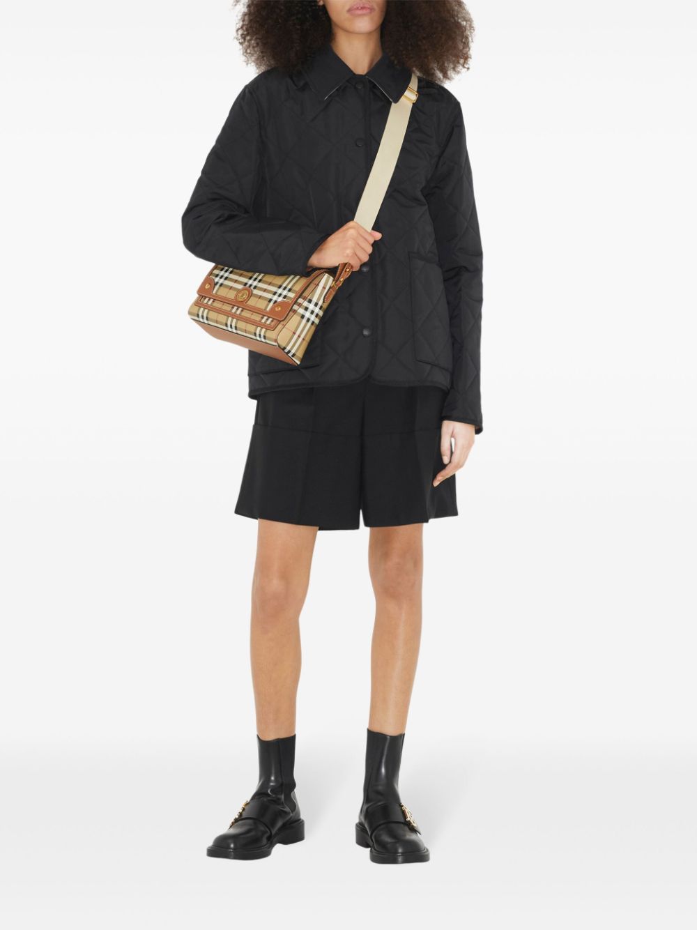 Burberry Note Check Crossbody Bag Leather Brown