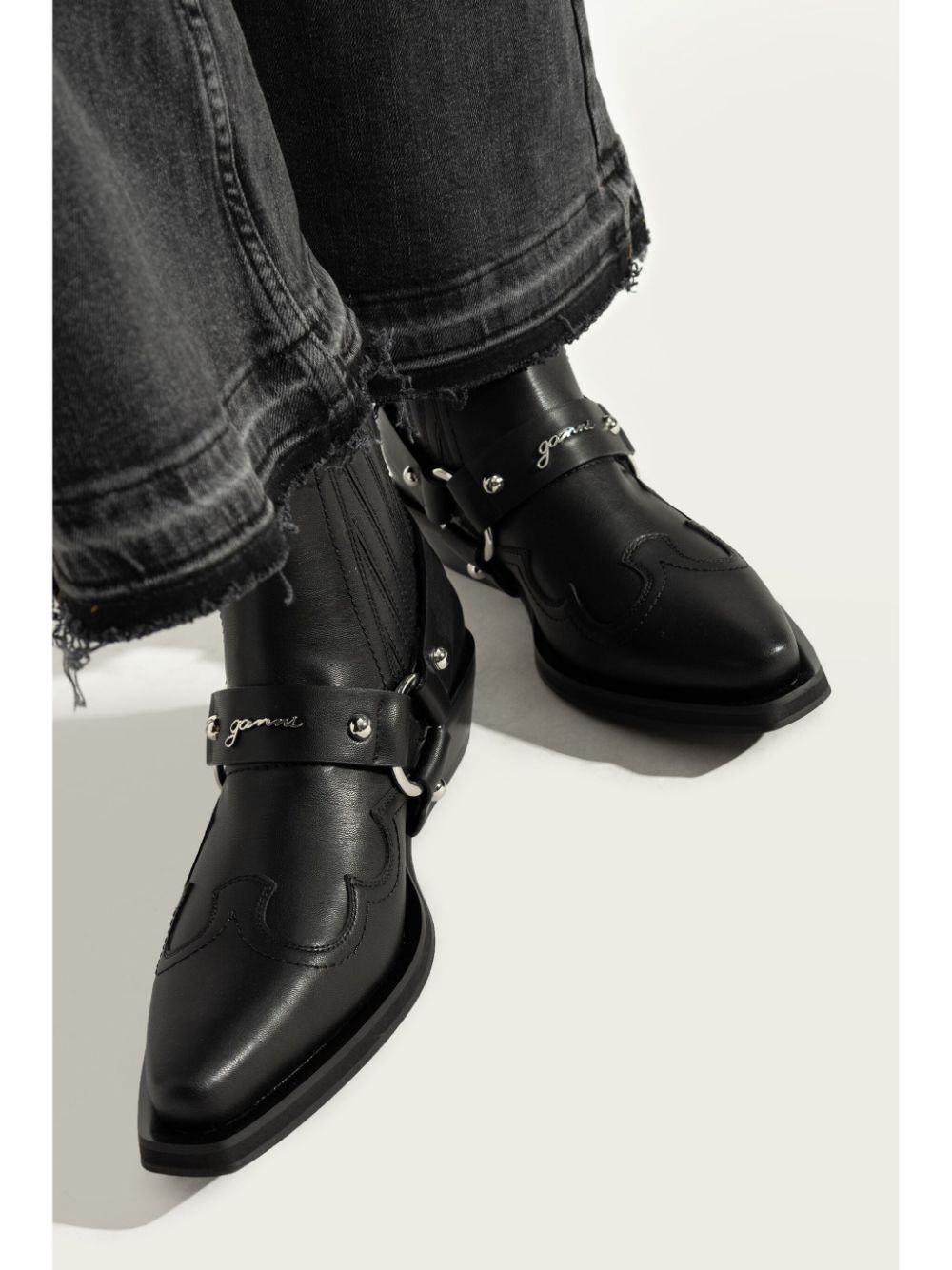 Ganni Western Embroidered Faux Leather Ankle Boots Black
