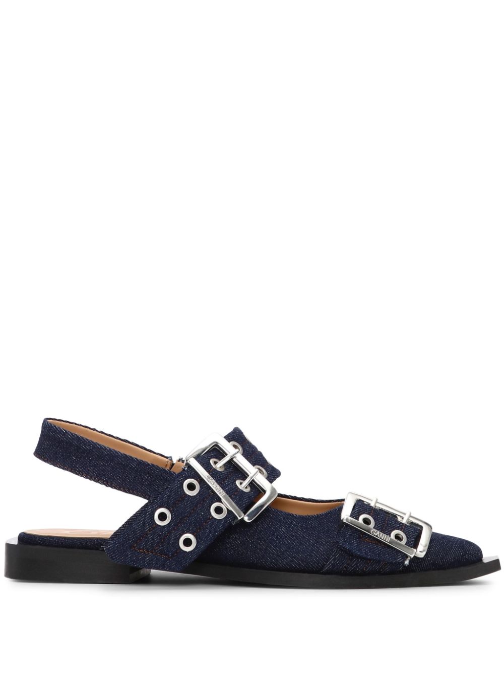 Ganni Denim Feminine Buckle Pointed Ballerinas Blue