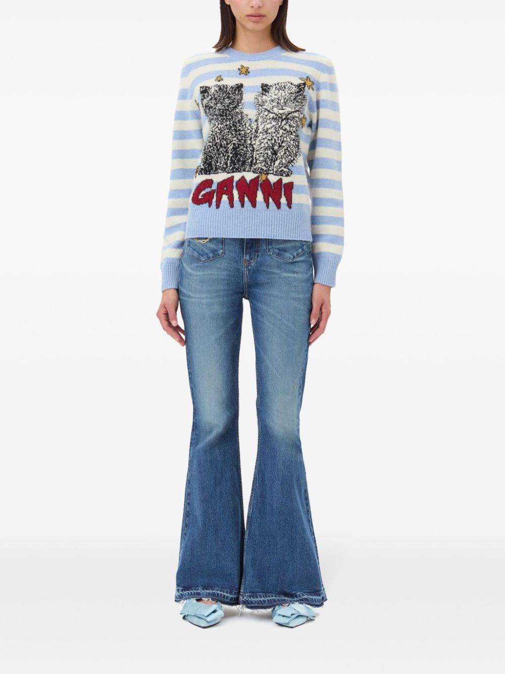 Ganni Embroidered Pinstripe Wool Sweater Clear Blue
