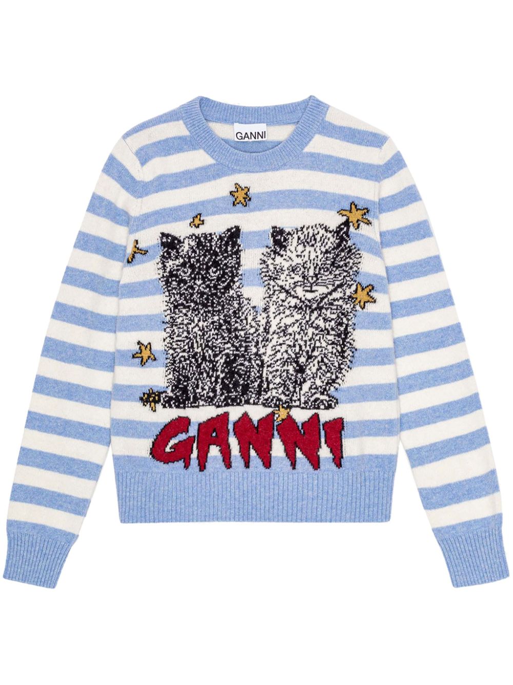 Ganni Embroidered Pinstripe Wool Sweater Clear Blue
