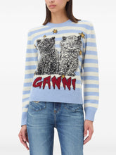 Ganni Embroidered Pinstripe Wool Sweater Clear Blue