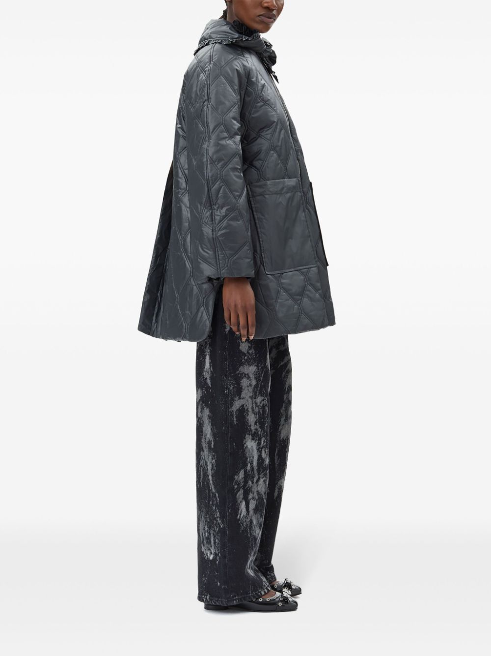 Ganni Shiny Quilted Midi Jacket With Hood Black