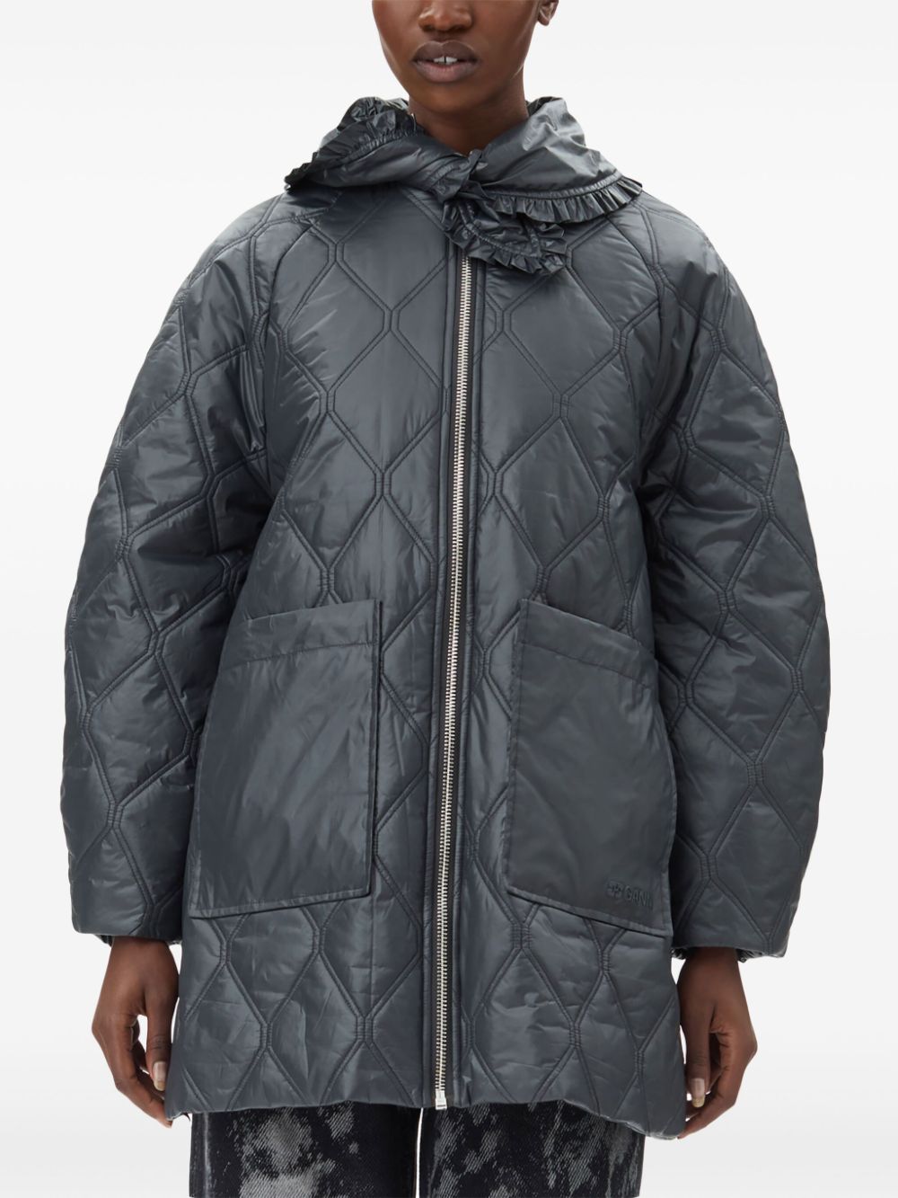 Ganni Shiny Quilted Midi Jacket With Hood Black