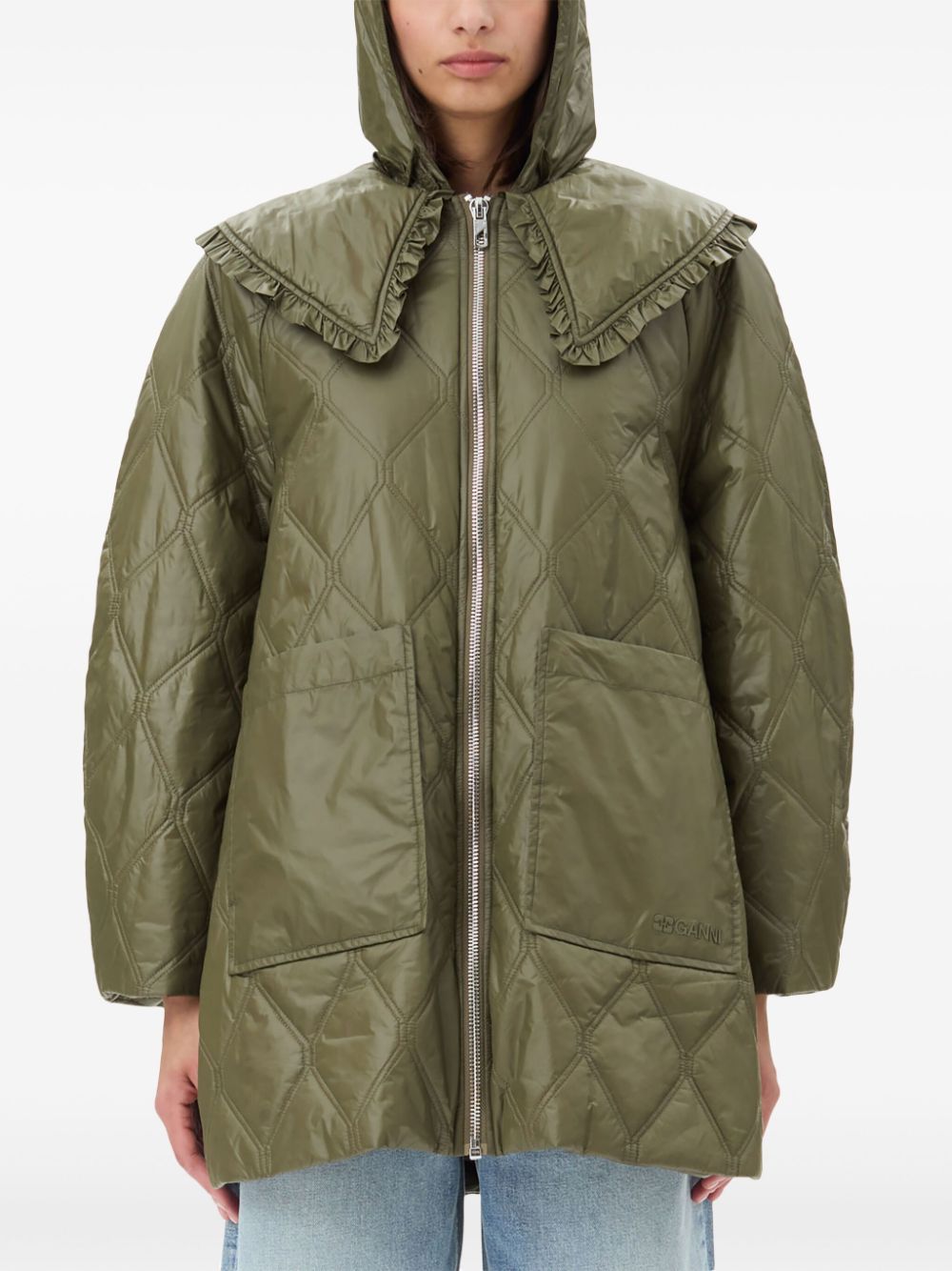 Ganni Shiny Quilted Midi Jacket in Khaki