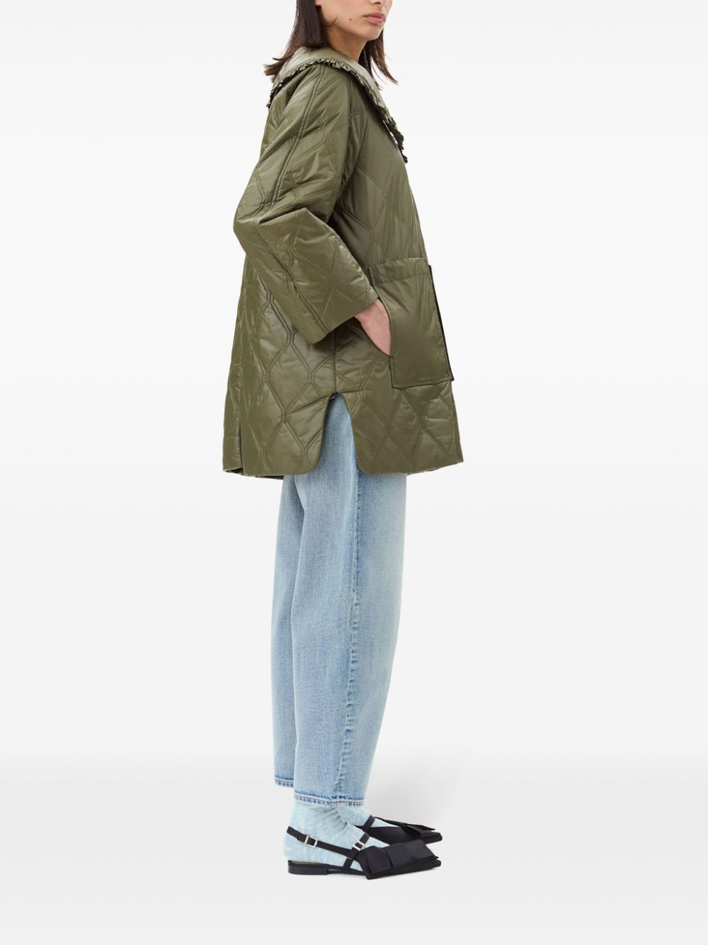 Ganni Shiny Quilted Midi Jacket in Khaki