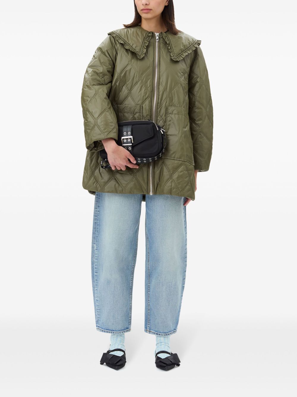 Ganni Shiny Quilted Midi Jacket in Khaki