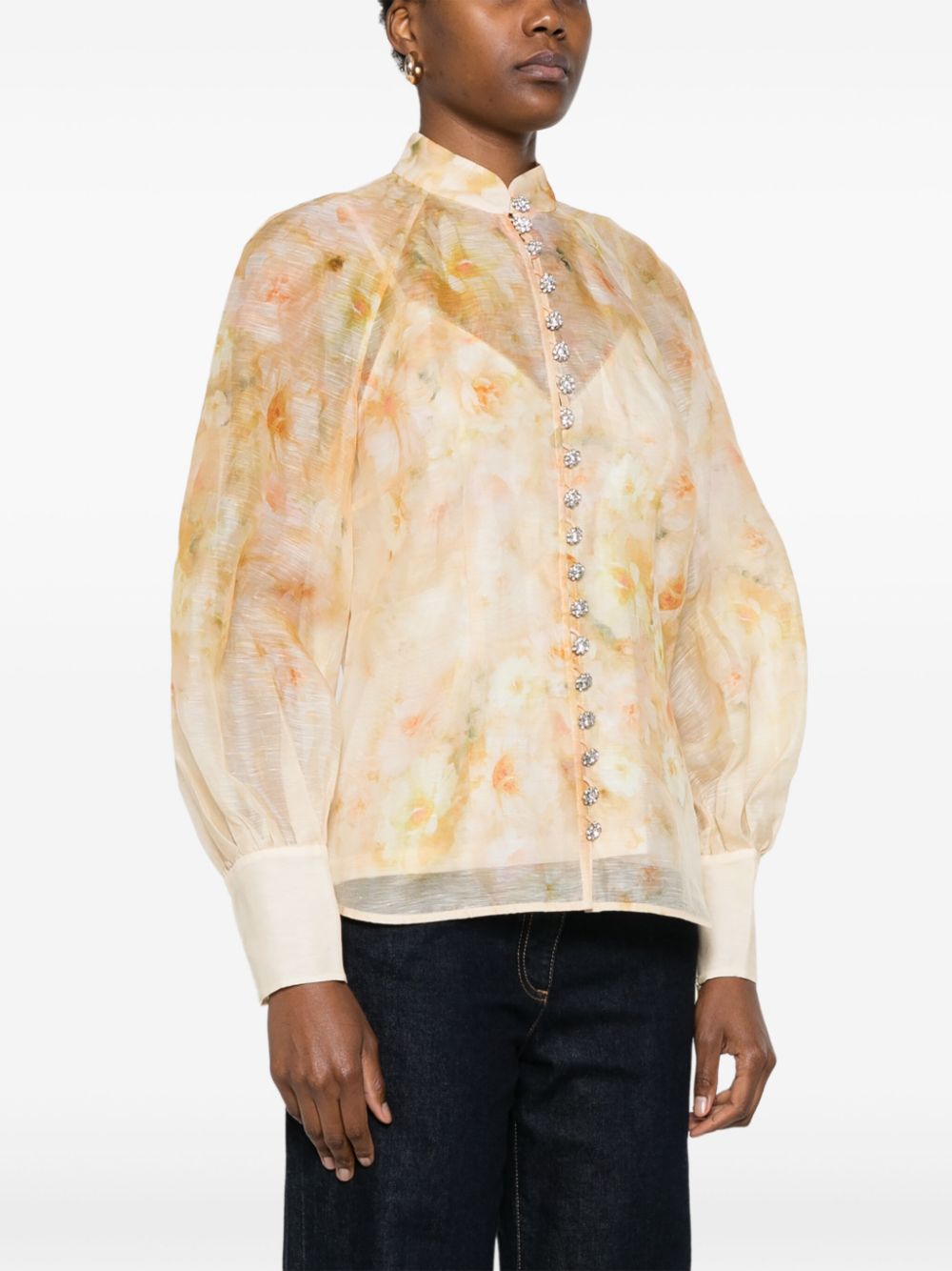 Zimmermann Crush Semi-Sheer Floral Linen-Silk Shirt Light Yellow