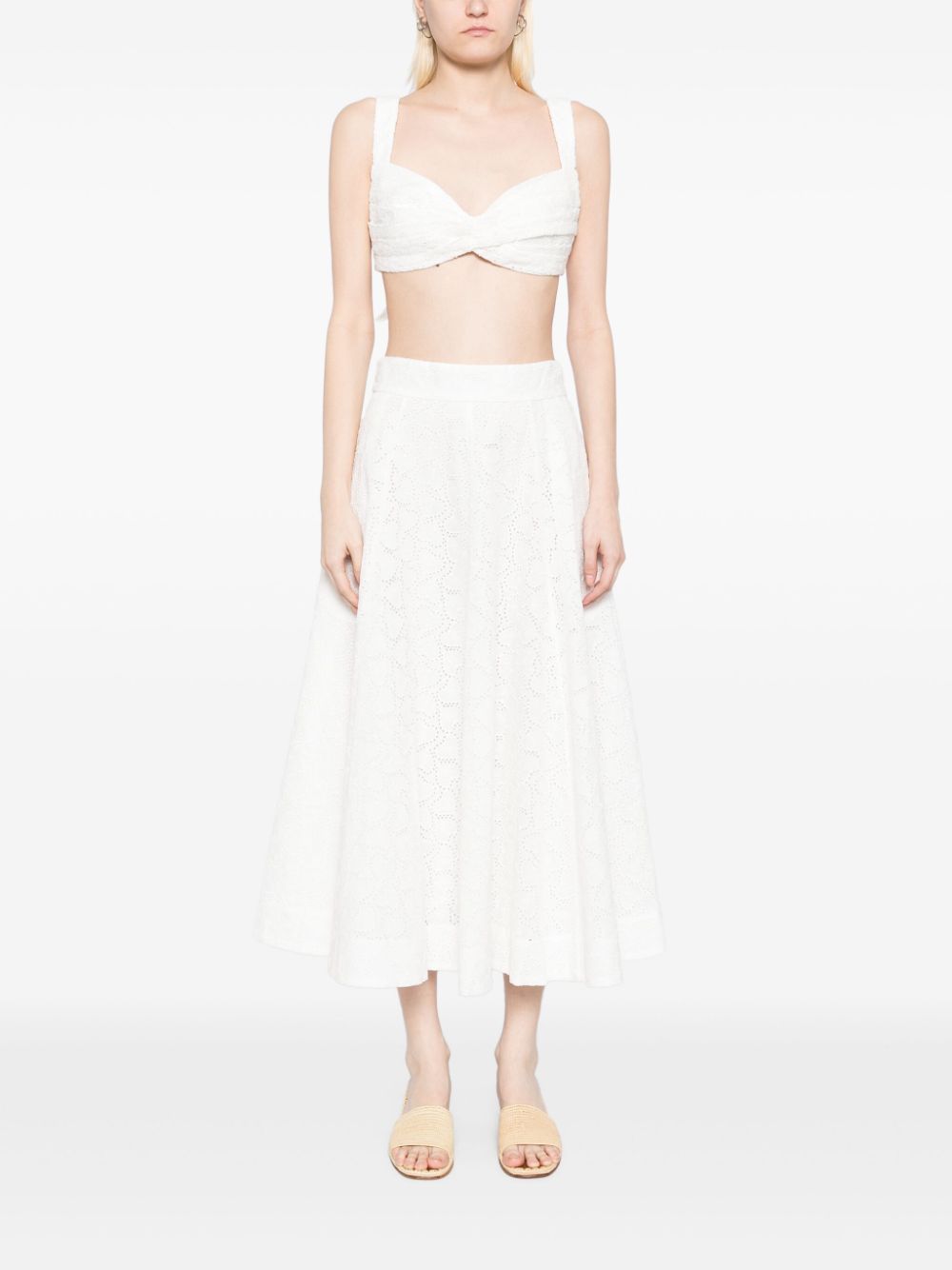 Zimmermann Embroidered White Crush Cotton Midi Skirt White