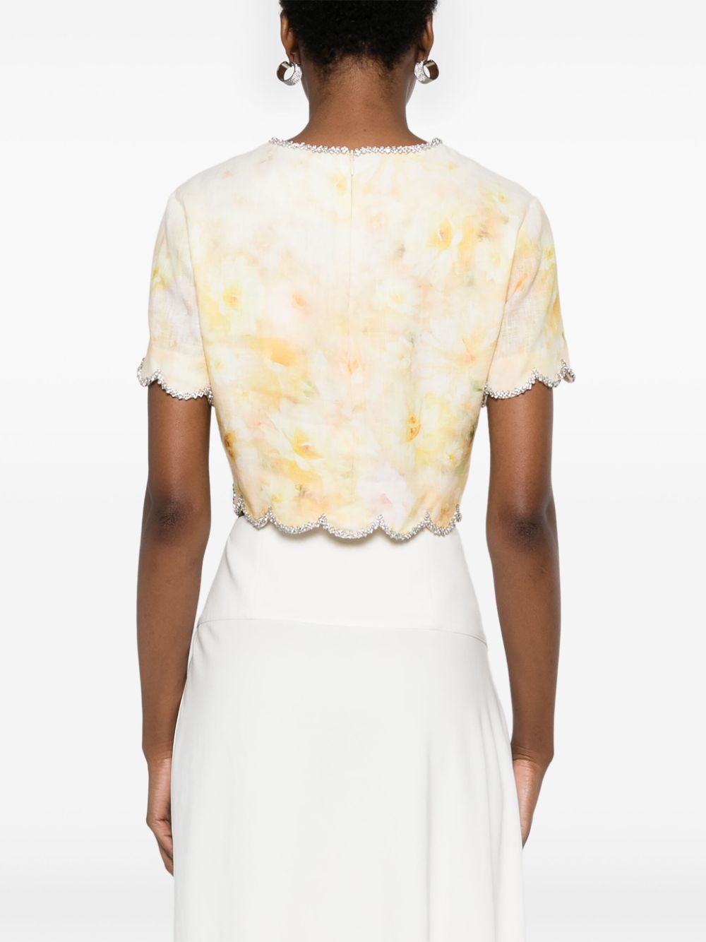 Zimmermann Crush Embellished Floral-Print Linen Cropped Top Yellow