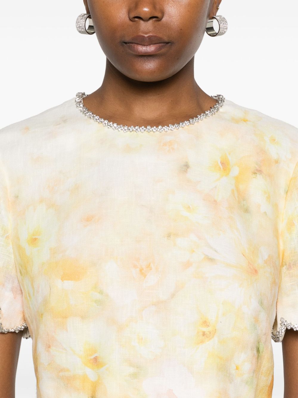 Zimmermann Crush Embellished Floral-Print Linen Cropped Top Yellow