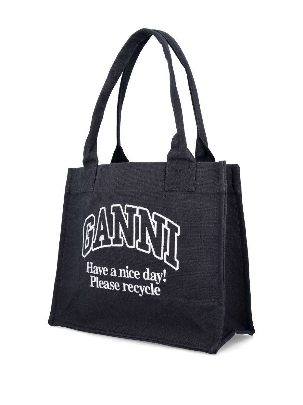 Ganni Large Organic Cotton Shopper Bag with Logo Black