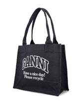 Ganni Large Organic Cotton Shopper Bag with Logo Black