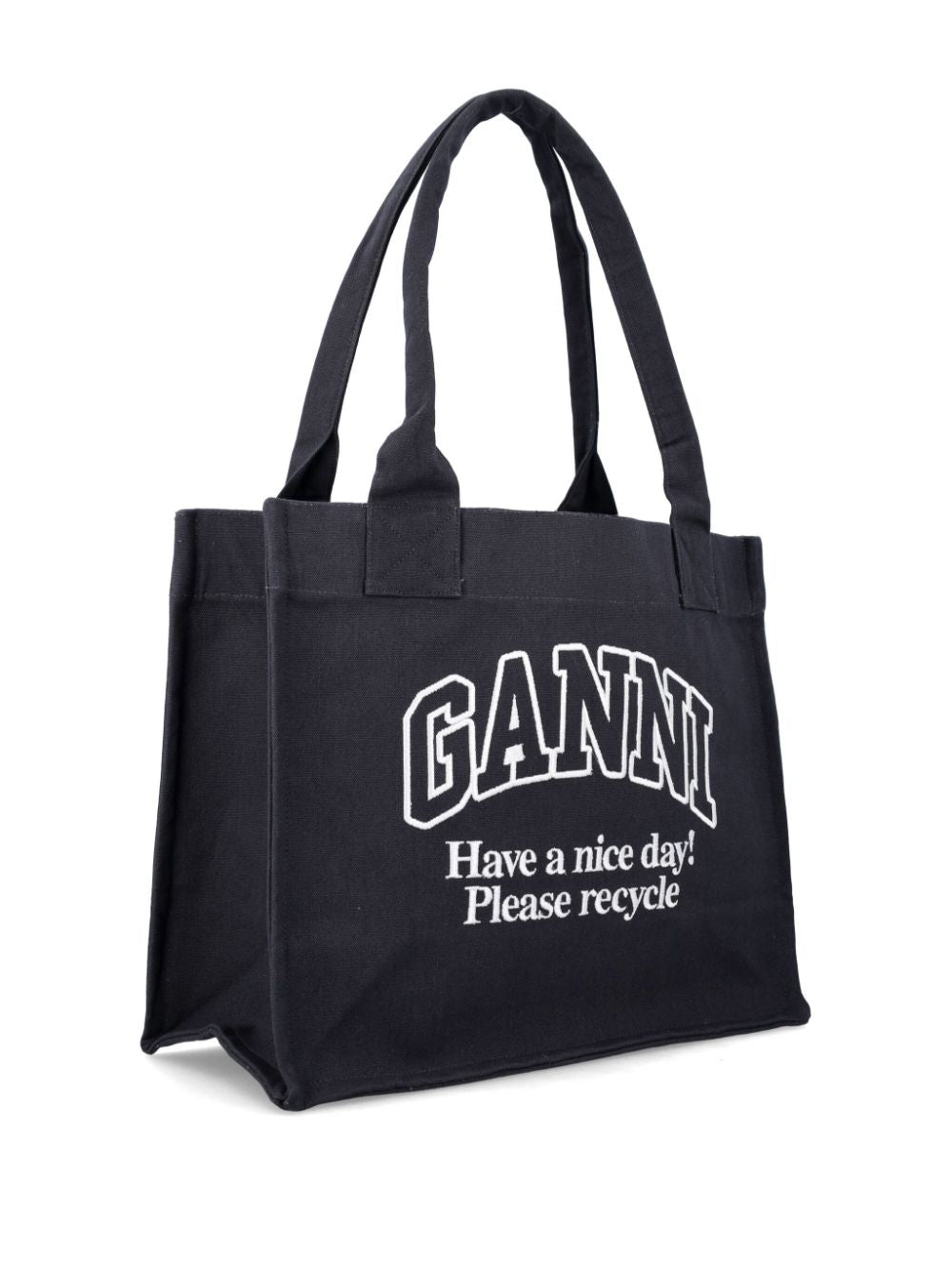 Ganni Large Organic Cotton Shopper Bag with Logo Black