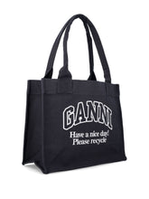 Ganni Large Organic Cotton Shopper Bag with Logo Black