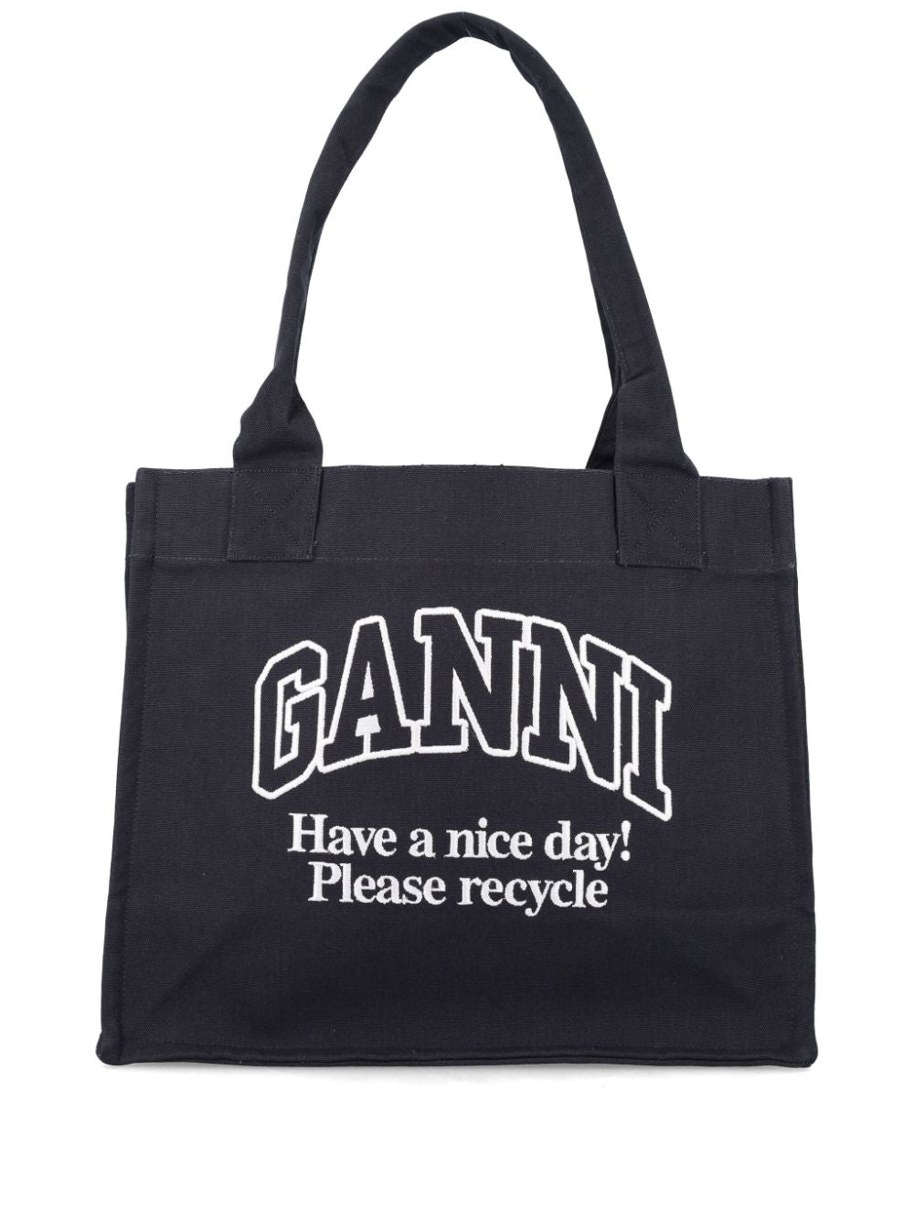 Ganni Large Organic Cotton Shopper Bag with Logo Black