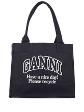Ganni Large Organic Cotton Shopper Bag with Logo Black
