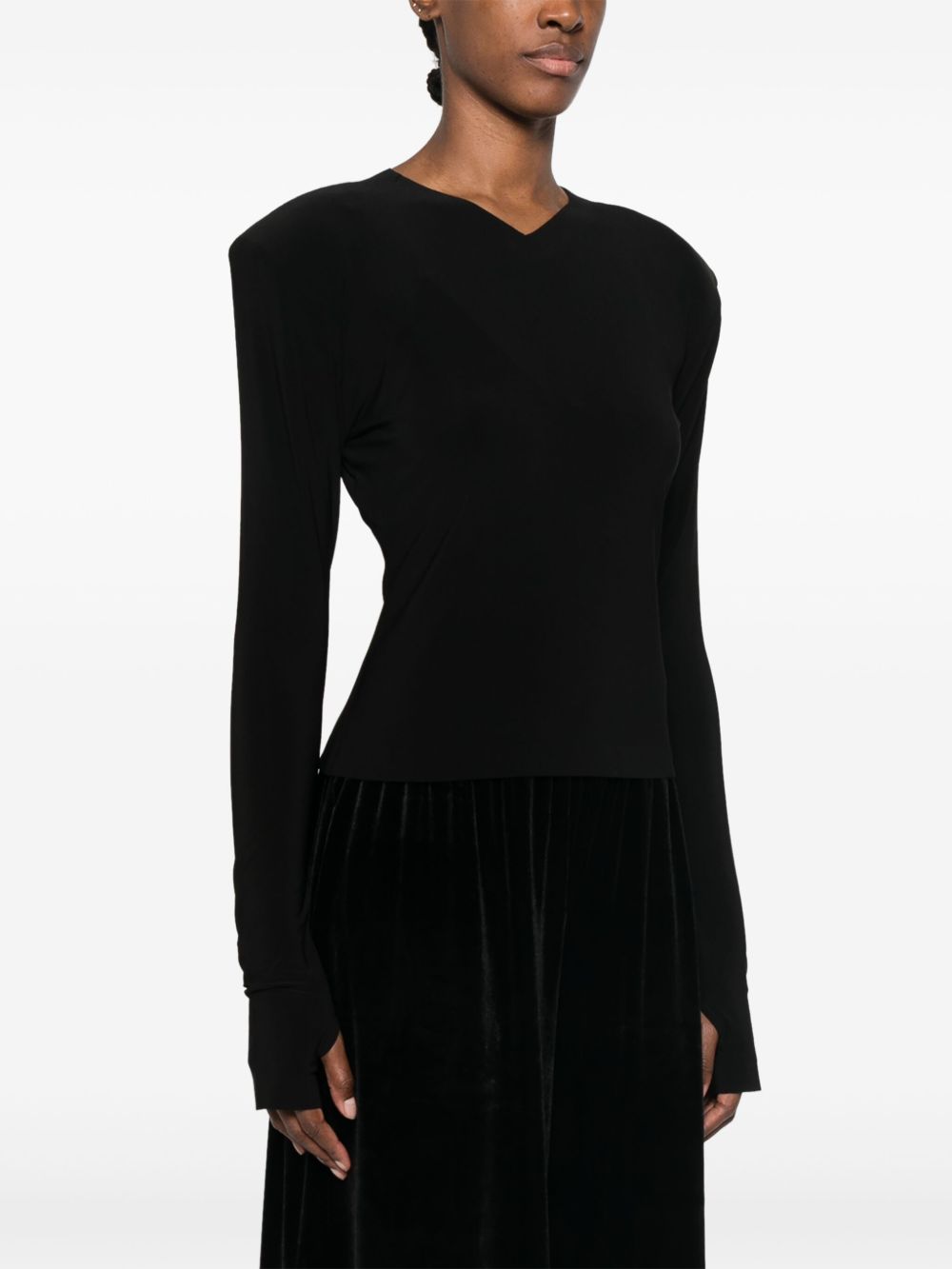 Norma Kamali V-Neck Padded Shoulder Long Sleeve Top Black