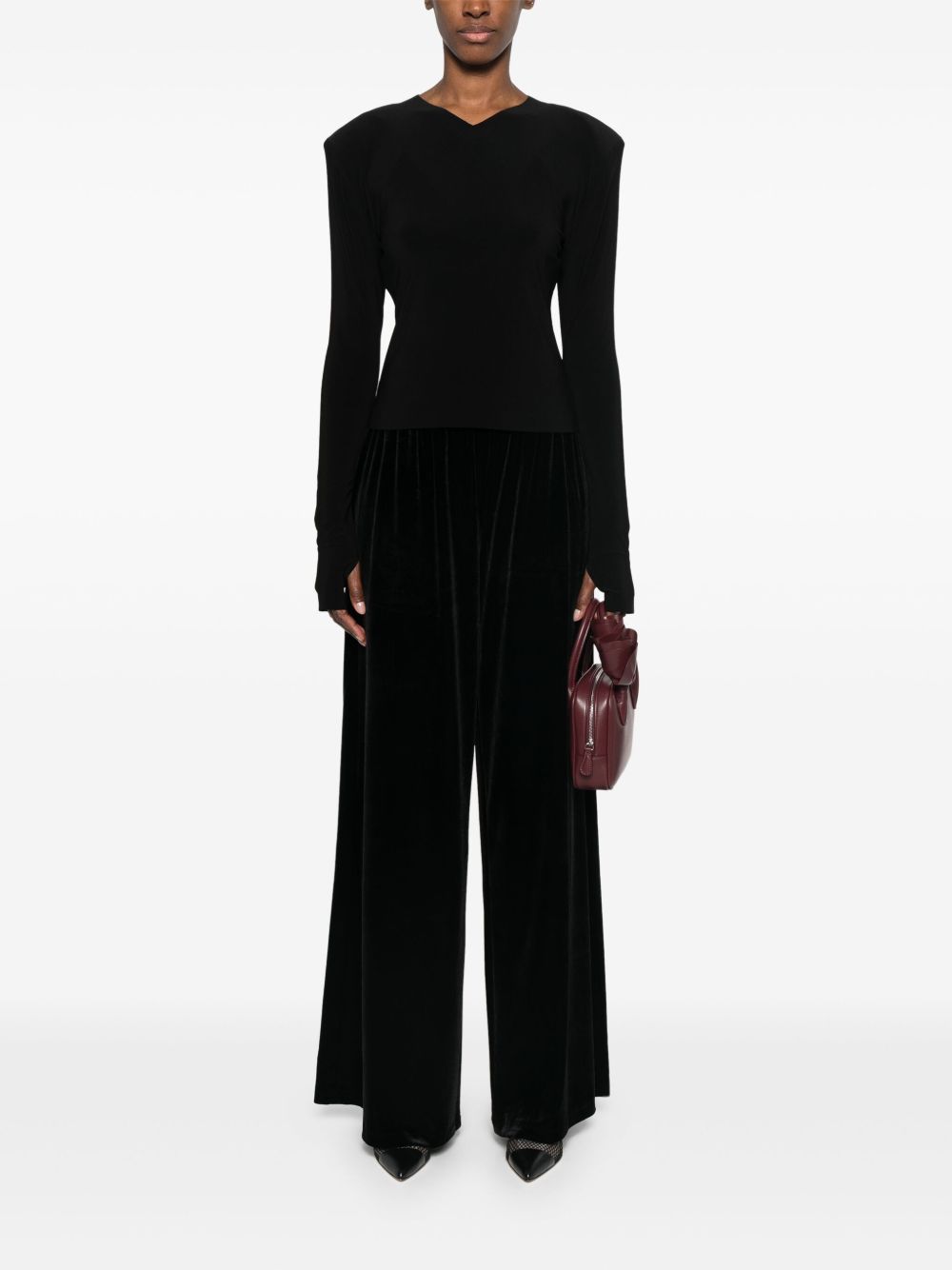 Norma Kamali V-Neck Padded Shoulder Long Sleeve Top Black