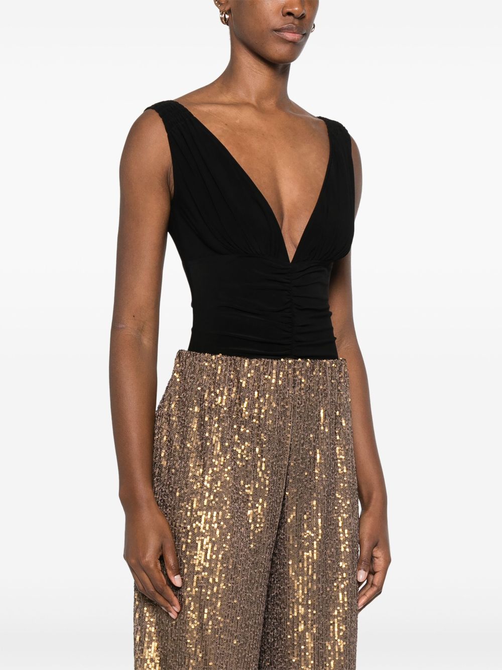 Norma Kamali Shirred V-Neck Sleeveless Bodysuit Black Black