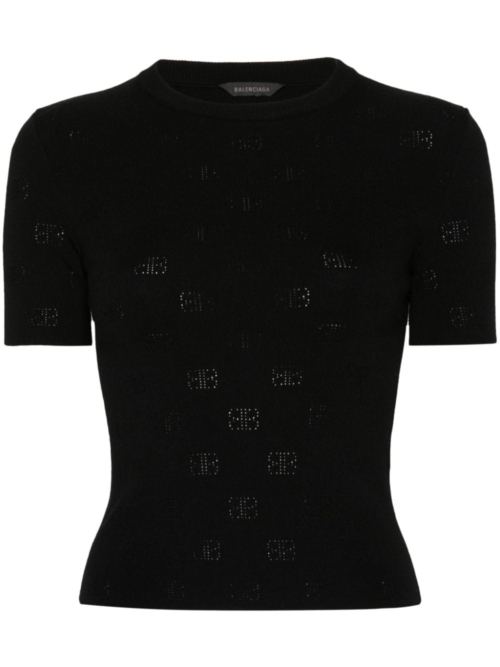 Balenciaga Perforated BB Fine Knit Wool-Blend T-Shirt Black
