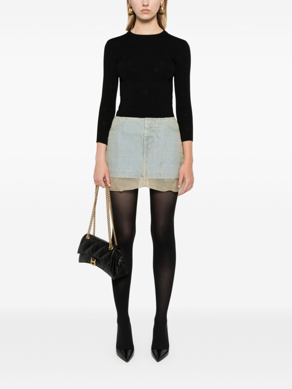 Balenciaga BB Monogram Open-Knit Cropped Wool Blend Jumper Black