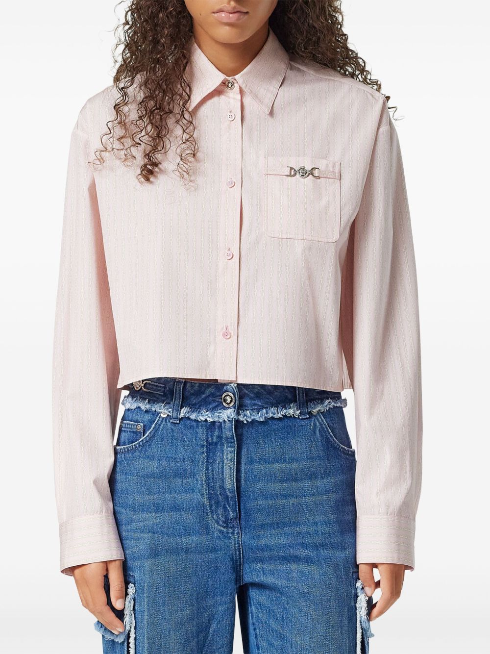 Versace Pinstripe Chain Cropped Cotton Shirt Pink
