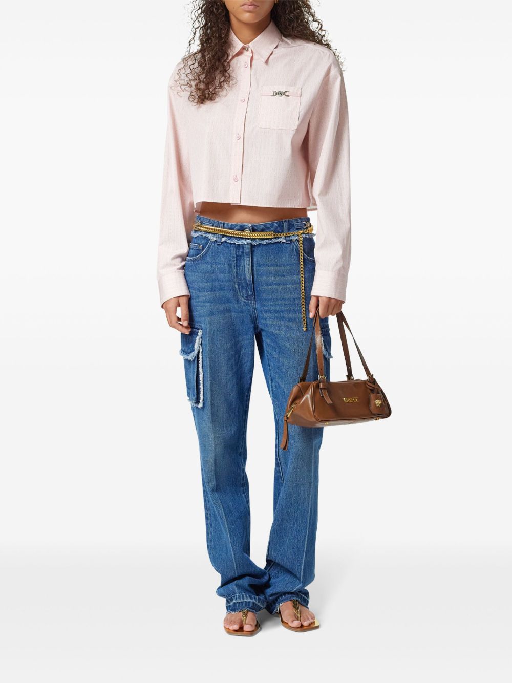 Versace Pinstripe Chain Cropped Cotton Shirt Pink