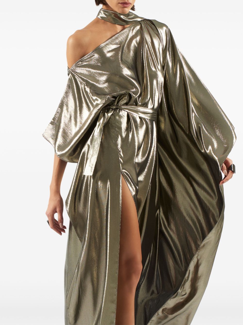 Taller Marmo Pre One-Shoulder Scarf-Detail Silk-Blend Maxi Dress Golden
