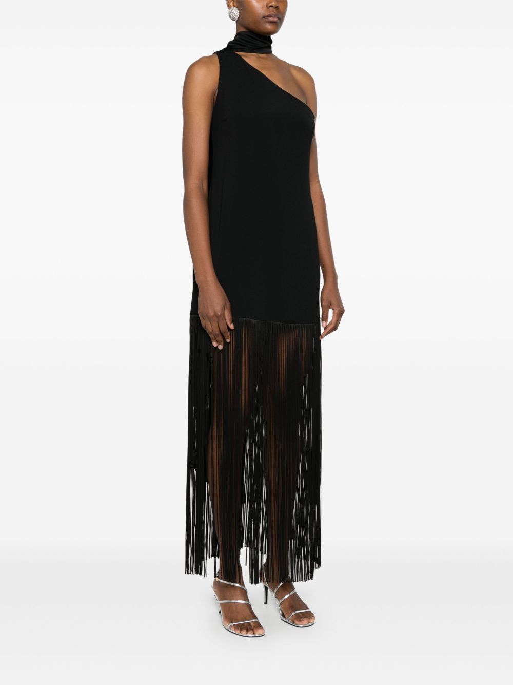 Taller Marmo Pre Asymmetric Fringed Cady Maxi Dress Black black