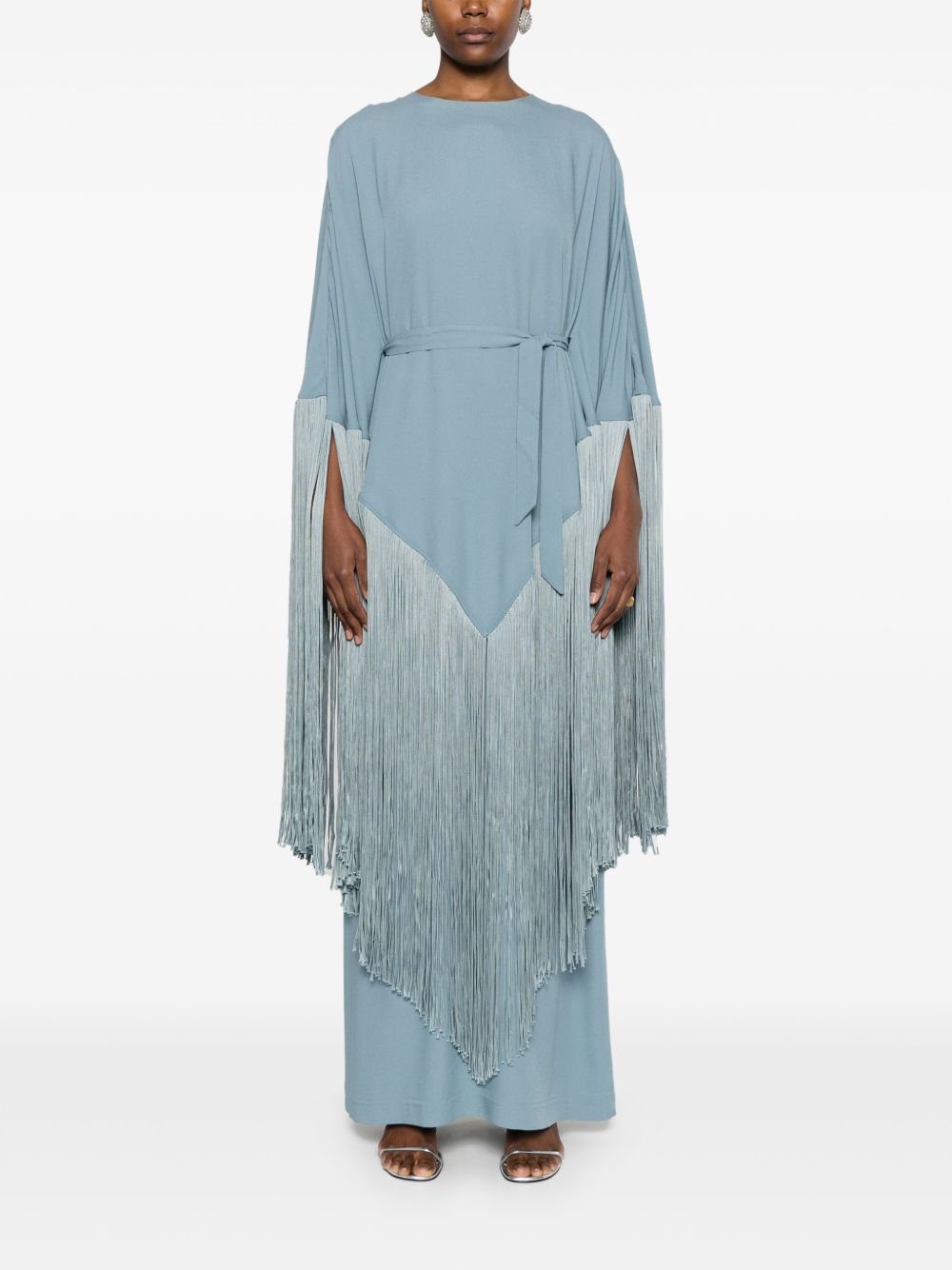 Taller Marmo Pre Clear Blue Fringed Crepe Long Kaftan Dress Clear Blue