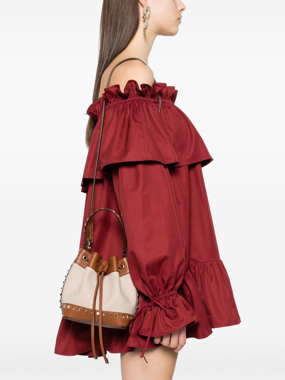 Valentino Garavani Rockstud Canvas Bucket Bag Leather Brown