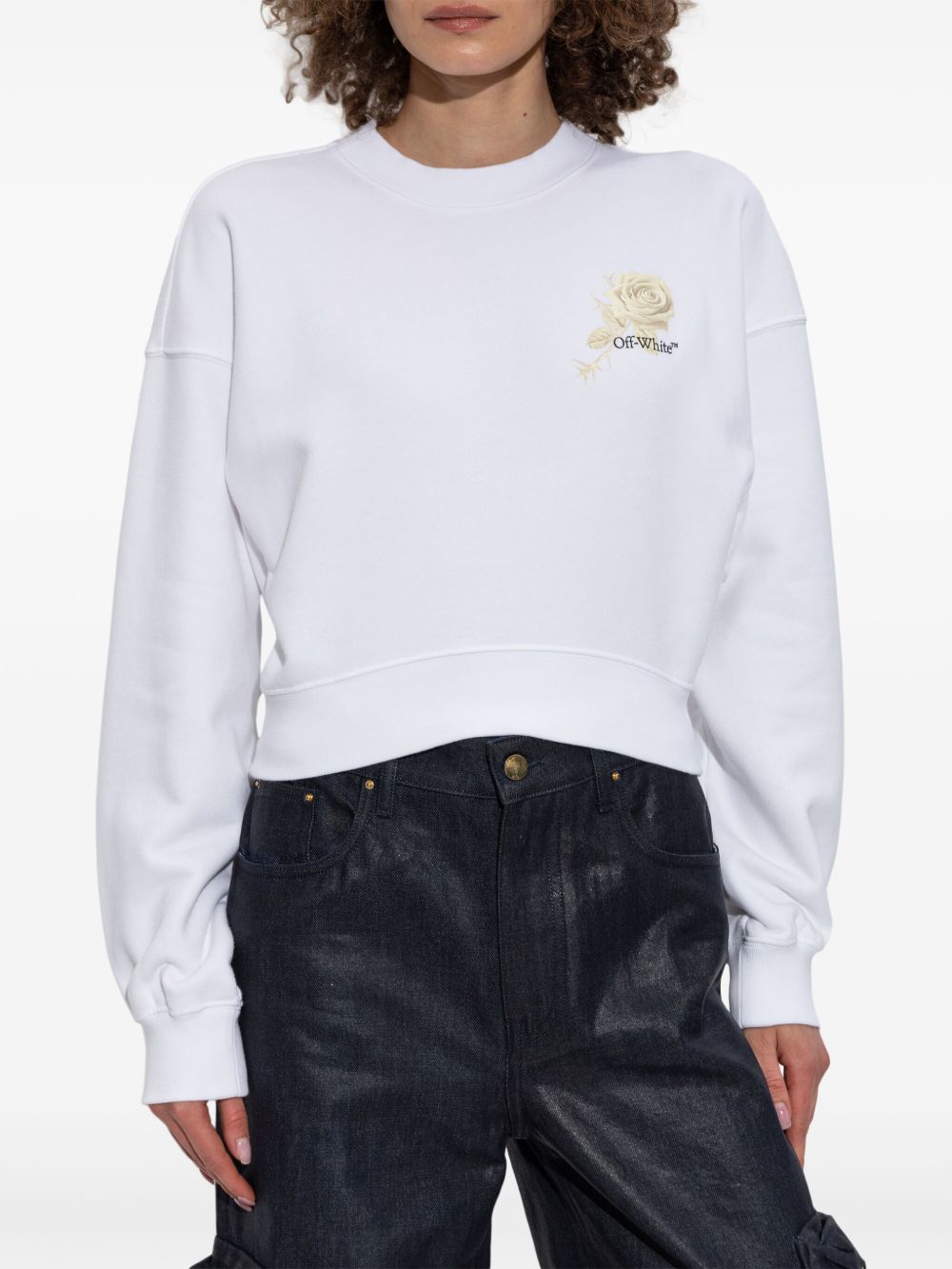 Off White Graphic Print Cropped Sweatshirt White