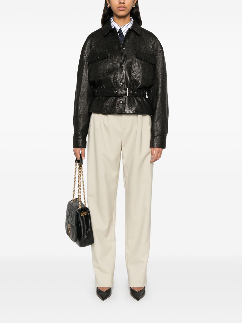 Saint Laurent Straight-Leg High-Rise Wool Trousers Beige