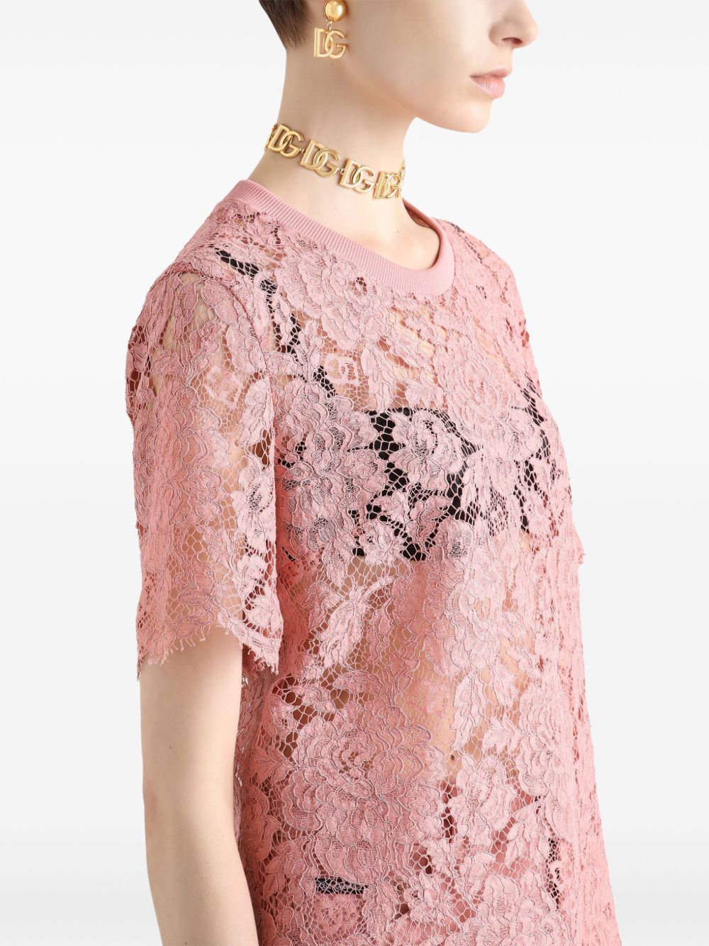 Dolce & Gabbana Corded Lace Sleeved T-shirt Pink