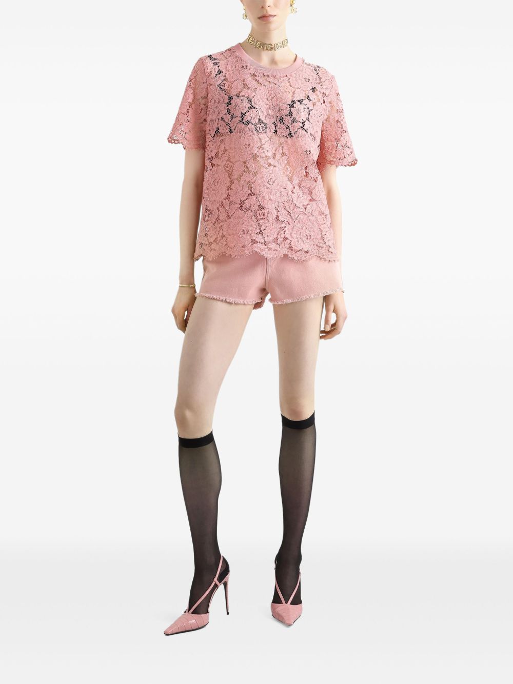 Dolce & Gabbana Corded Lace Sleeved T-shirt Pink