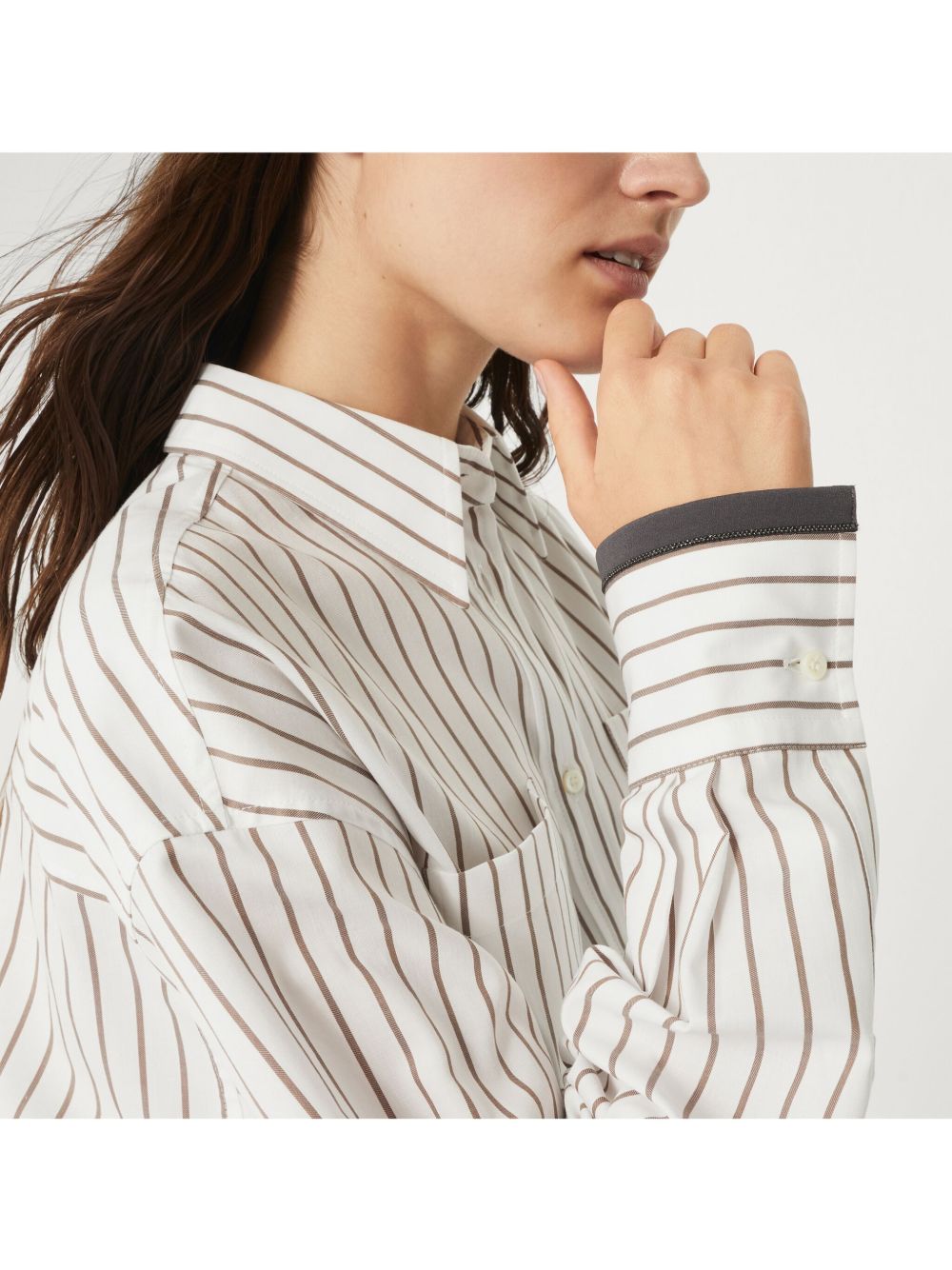 Brunello Cucinelli Striped Cotton Twill Shirt White