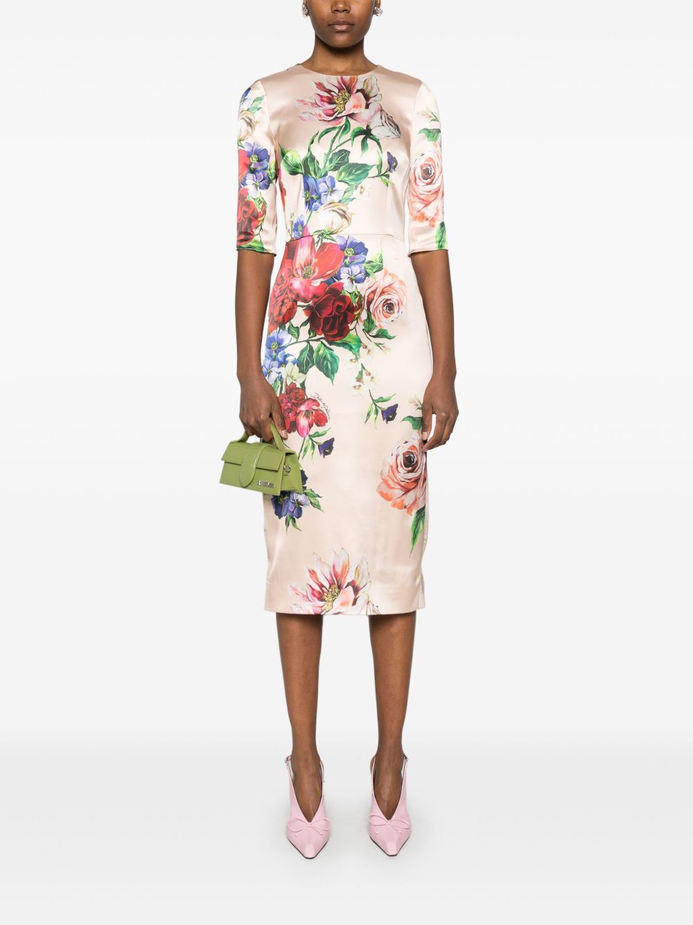 Dolce & Gabbana Floral-Print Powder Pink Midi Dress in Viscose Blend Powder