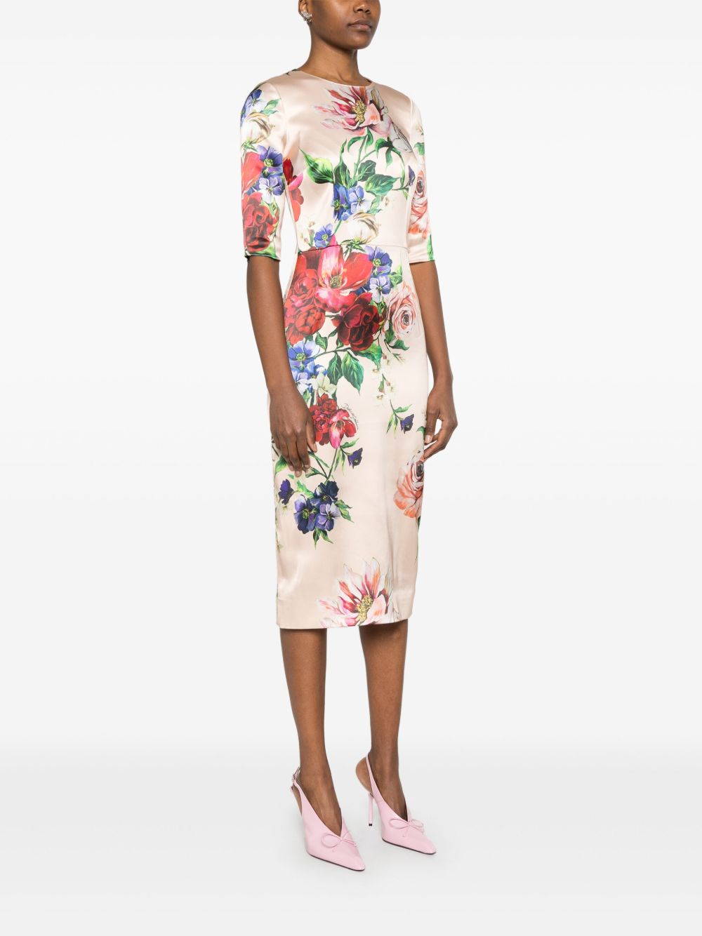 Dolce & Gabbana Floral-Print Powder Pink Midi Dress in Viscose Blend Powder