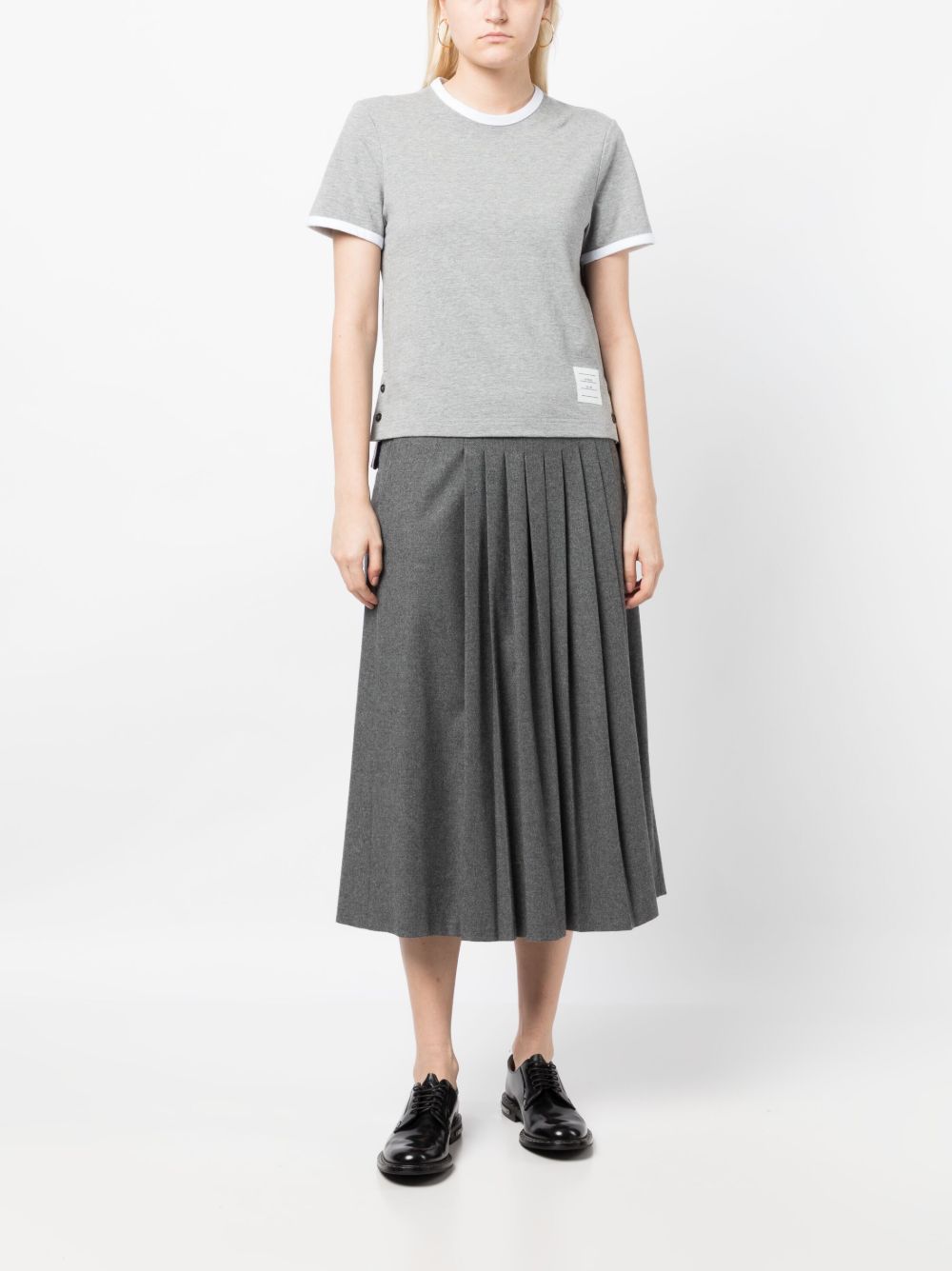 Thom Browne Cotton T-Shirt with Contrasting RWB Stripes and Side Button Grey