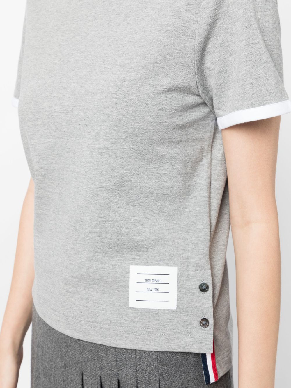 Thom Browne Cotton T-Shirt with Contrasting RWB Stripes and Side Button Grey