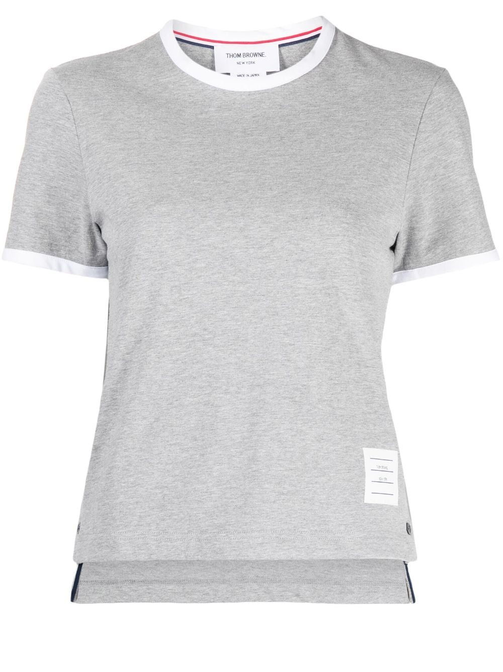 Thom Browne Cotton T-Shirt with Contrasting RWB Stripes and Side Button Grey