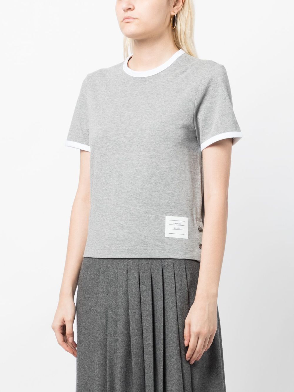 Thom Browne Cotton T-Shirt with Contrasting RWB Stripes and Side Button Grey
