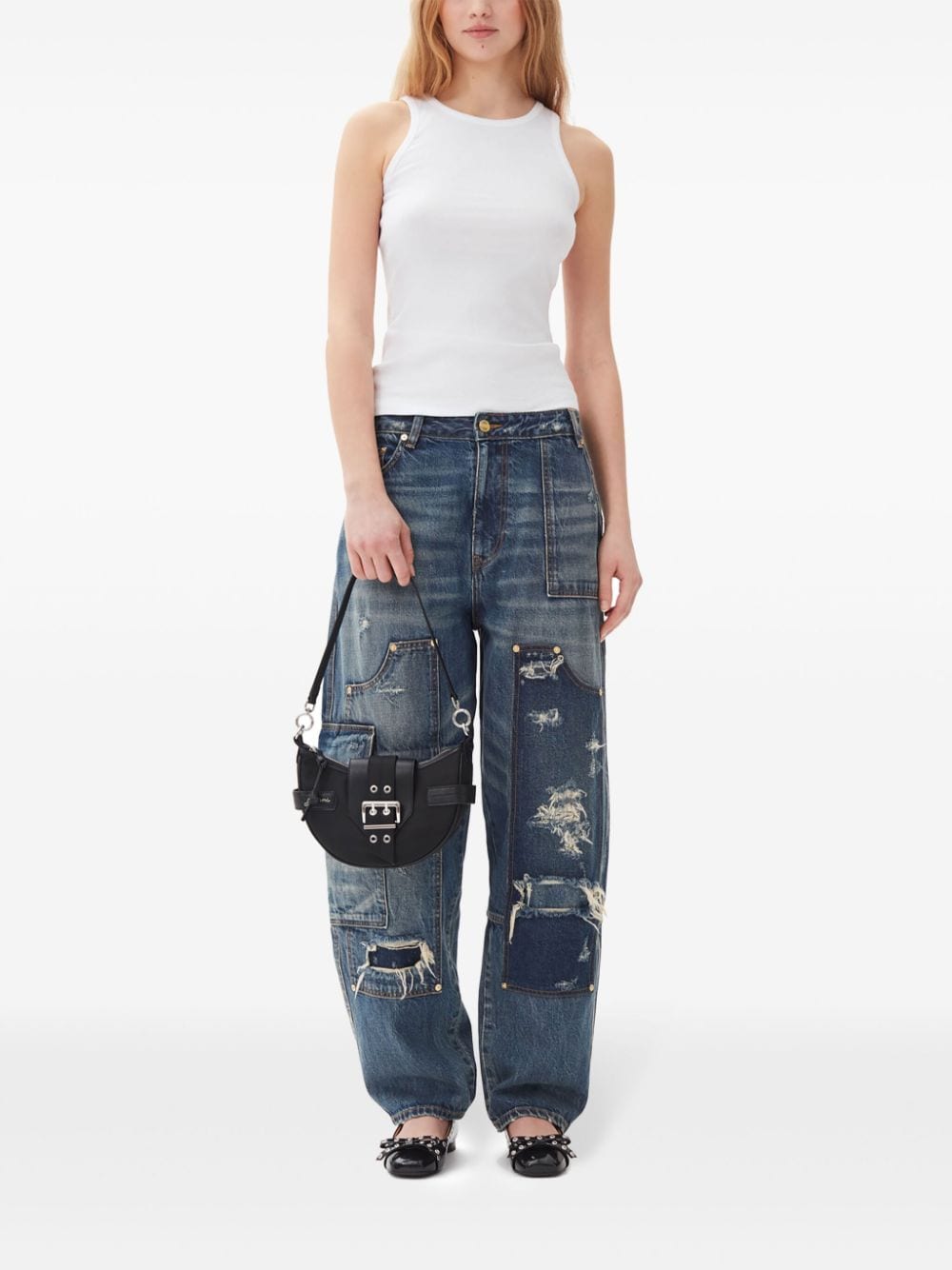 Ganni Bucky Small Embossed Recycled Nylon Shoulder Bag Black