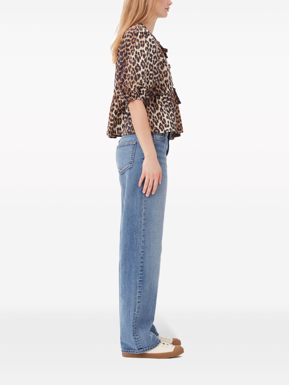 Ganni Leopard-Print Organic Cotton Peplum Top Brown